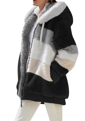 Image of OMZIN Women Plus Size Full Zip Jacket Fleece Fuzzy Winter Coat Patchwork Commuting Warm Cardigan Blk L