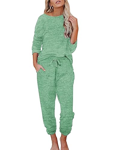 Ekouaer Conjunto de pijama de manga larga para mujer, ropa de descanso suave con bolsillos, Verde (Bright Green), S