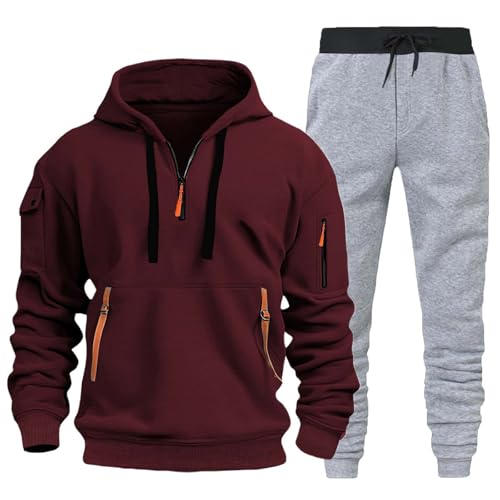 Generisch Chándal para hombre Chándal deportivo con cremallera y sudadera con capucha con pantalones de chándal, ropa deportiva informal para entrenamiento en el gimnasio y el día a día, Vino, S