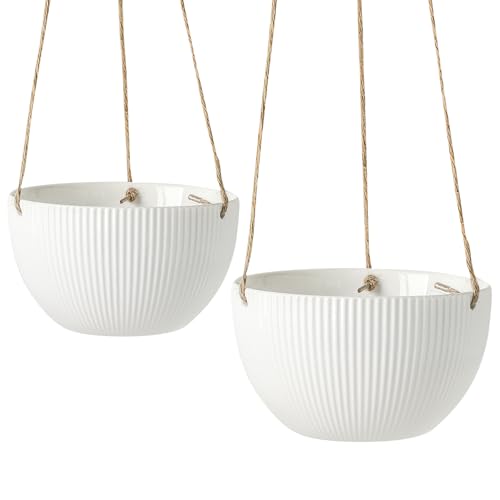 UBEE Ceramic Hanging Planters Indoor Outdoor, 7.5 Inch + 6.5 Inch Hanging Flower Pot for Plants Hanging Basket for Succulent Pothos Herbs Window Home Decor, 2 Pack, White
