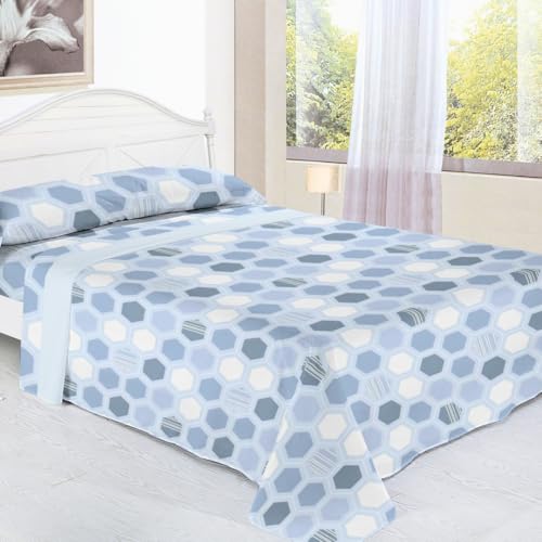 KUMY Juego de Sábanas Coralina Perchado Doble Cara para Invierno -Extra Suave, Ajustable, Diseño Estampado- 3 Piezas (Hexágono Azul, Cama 150)