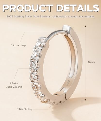 Monkton Huggie Earrings S925 Sterling Silver Cubic Zirconia Small Hoop Earrings - 15mm Sparkling Hypoallergenic Women's Jewelry 5