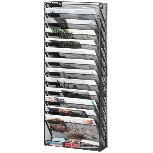 Solinxe Revistero Pared Metálico 14 Baldas - Organizador de Escritorio Documentos A4, Archivador Oficina con Bandeja, Porta Revistas y Carpetas Colgantes para Hogar/Escuela (Negro)