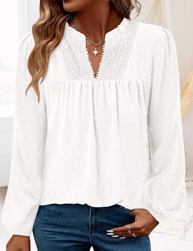 BETTE BOUTIK Women Boho Long Sleeve Shirts Dressy Casual V Neck Fall Fashion Tops Swiss Dot Flowy Blouses