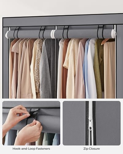 SONGMICS Clothes Wardrobe, Portable Fabric Wardrobe with 2 Hanging Rails, Foldable Canvas Closet for Bedroom, 140 x 43 x 174 cm, Grey RYG02GY - Image 7