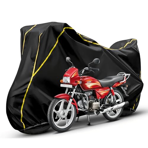Image of Waterproof Bike Body Cover Compatible with Hero Splendor Dustproof Scratchproof - Motorcycle Cover for Two Wheeler, Outdoor Full Cover with UV, Duty, Rain Protection (Black & Yellow) R1