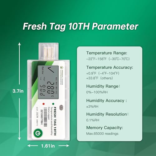 Image of Freshliance LCD Temperature Humidity Data Logger, Single Use USB Temperature Humidity Recorder with PDF or CSV Report, 65000 Readings -22℉~158℉ High Accuracy, 90days, 1pack, Fresh Tag10TH
