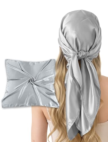 CHUNG 35 Large Scarf Solid Color Square Wraps Satin Silky Feel Big Hair Bandanas 90cm Necktie 90-SilverGrey