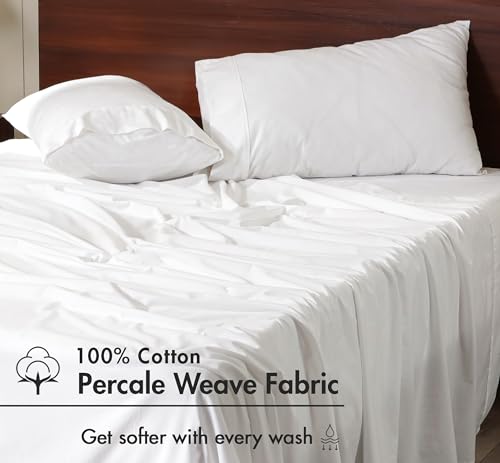 Image of RUVANTI 100% Cotton Percale Sheets King - Crisp Cooling Summer Bed Sheets for Hot Sleepers, Deep Pocket 14 inch, Soft Peach Finish, Breathable & Durable Hotel-Style 4 Piece Set, Ivory