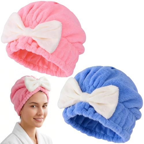 PAGOW 2pcs Microfiber Hair Towel, Pink Blue Ultra Soft Absorbent Hair Drying Towel Wrap with Bow, Fast Drying Shower Cap Hair Towel Wrap for Women Bathing Spa