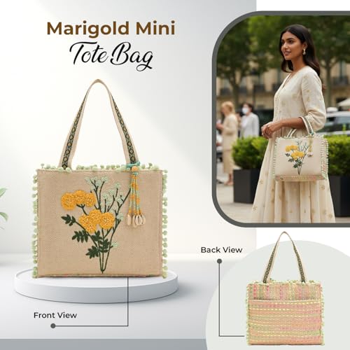 Image of Boho Girl Marigold Mini Tote Bag | Floral Embroidered Hand Bag with Pom-Poms & Tassel |Handbag, Shoulder Bag, Shoulder Women Bag with Inside Pocket | Jacquard Canvas Material