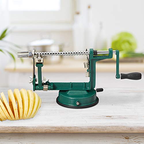 Foto von Relaxdays Apfelschälmaschine, Apfel schneiden, schälen, entkernen, 3 in 1, mit Kurbel, HxBxT 13,5 x 30,5 x 10,5 cm, grün
