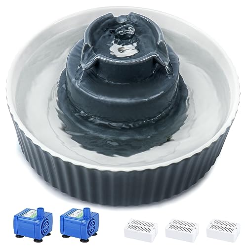 Image of Lawfery Ceramic Cat Water Fountain, 2.1L /71oz Cat Fountain with 3 Carbon Filters and 2 Quiet Pumps, Cupcake Pet Water Dispenser for Cats and Dogs (Grey)