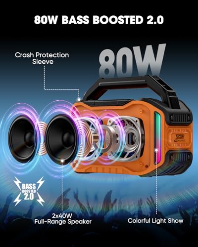 Image of ANCOON Speakers Bluetooth Wireless: 80W(Peak) Loud Speaker with Bass, 20H Playtime, IPX6 Waterproof, Large Jobsite Speakers for Work, Outdoor, Workshop, Garage, Portable Speaker with TWS (Orange)