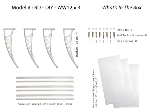 Image of CHENNAI Window Blinds and Shades DIY Polycarbonate Awning (Engineered Plastic Brackets) Window Sunshade Door Weather Shed Rain Canopy Awnings - 12'Widthx3'Depth (White Brackets & White Sheets)