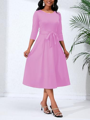 Image of PerZeal Women's Caual Midi Dress 3 /4 Sleeve Crewneck A-line Swing Dress for Women with Belt for Wedding Guest & Cocktail Party Pink Small
