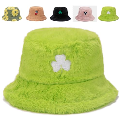Image of Bucket Hat Women Furry Fuzzy Bucket Hats for Ladies, Winter Warm Fluffy Plush Faux Fur Hat for Women