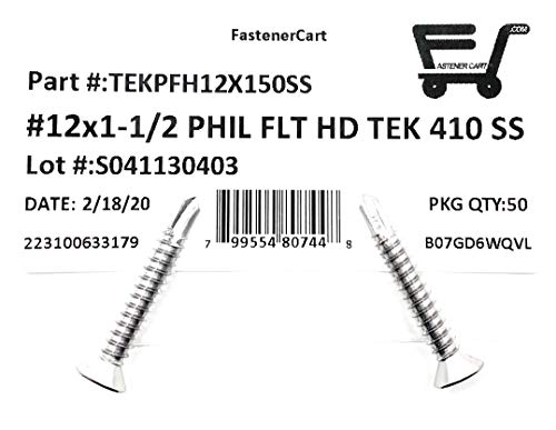 #12x1 1/2 Tornillo TEK acero inoxidable Phillips cabeza plana miniatura 2