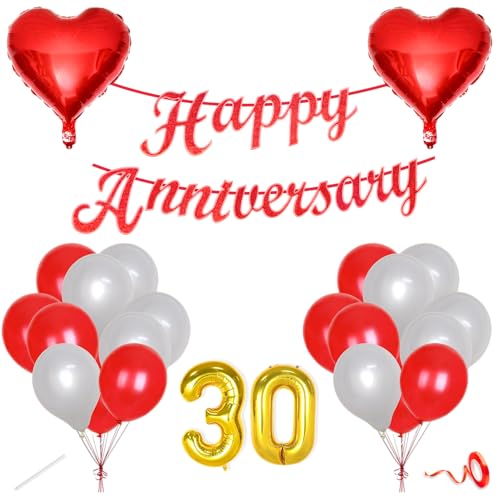 Image of Flyloons 30th Happy Anniversary Decoration Items Red White for Men Women Husband Wife Mom Dad Parent Couple Home Bedroom Car With 20 Pcs Metallic Balloons Anniversary Banner 2 Pcs Heart Set Kit