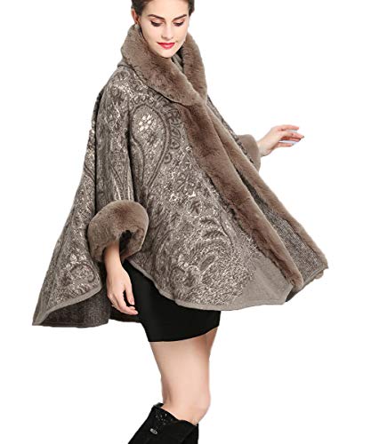FOLOBE Women Faux Fur Cloak Poncho Cape Kahki