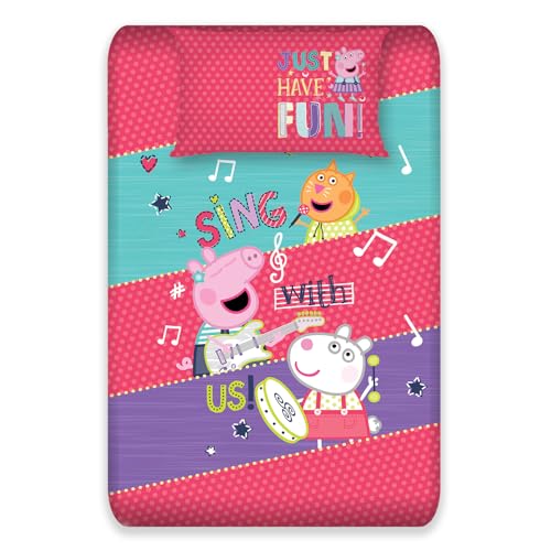 Image of Sassoon Peppa Pig (Sing) Digital Printed, Cotton Single Bedsheet, 300 TC, 1 Pillow Cover, Fade Resistant, Bedsheet for Kid's Bedroom, (1.50m X 2.35m)