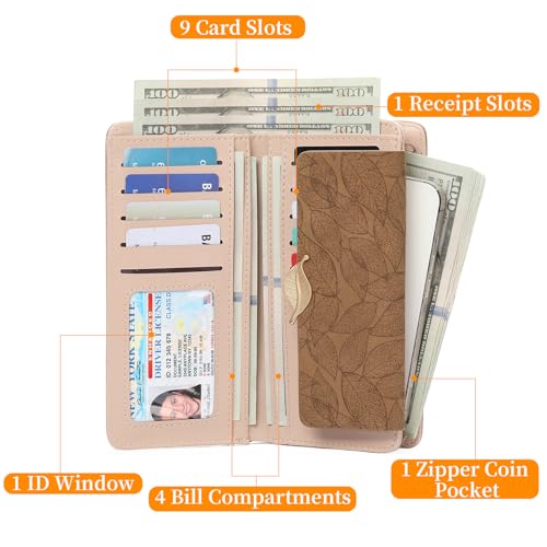 Image of Women's Wallet Leather RFID Blocking Bifold Clutch Large Capacity Credit Card Holder with Coin Zipper Purse