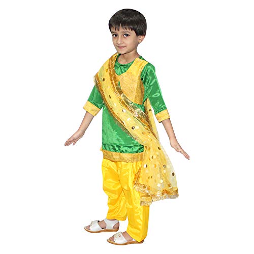 Image of Kaku Fancy Dresses Indian State Punjabi Folk Dance Costume For Kids /Salwar Suit With Dupatta For Girl Costume - Green & Yellow, 10-12 Years