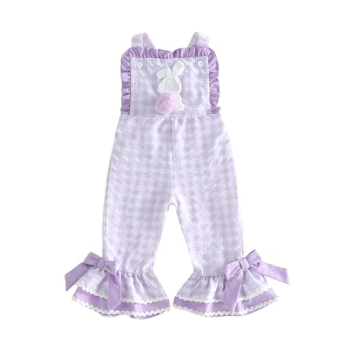 YINGISFITM Toddler Baby Girl Easter Outfit Bunny Overalls Ruffle Bell-Bottom Plaid One Piece Romper...