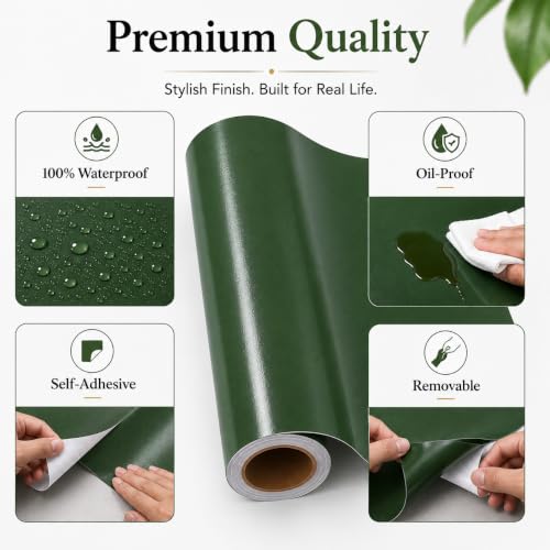 Image of HOME13 Olive Green Wallpaper Glossy Green Peel and Stick Wallpaper Self Adhesive Decorative Vinyl Sticker for Shelf Liner Kitchen Cabinet Table Door Waterproof Removable (20x200 Inch)