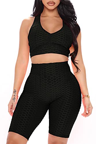 Women 2 Piece Outfits Yoga Biker Shorts Workout Sets Sexy Sweatsuits Black L
