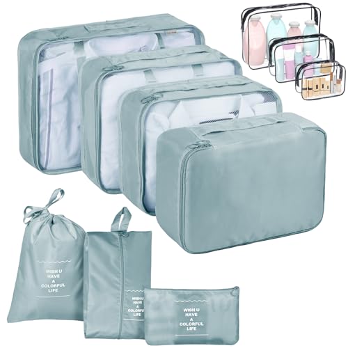 Benxdara Packing Cubes for Suitcase, Lightweight Travel Suitcases Organiser Bags Set of 10, Waterproof Luggage Packing Organizers Storage Bags for Backpack Clothes Underwear Shoes, Light Grey
