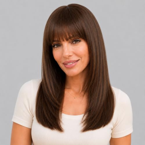 Image of 6x4 Lace Brown Bob Human Hair Wig with Bangs for White Women 16 Inch