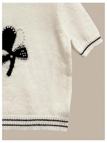 MakeMeChic Women's Contrast Binding Heart Pearls Sweater Crew Neck Short Sleeve Knit Pullover Top3