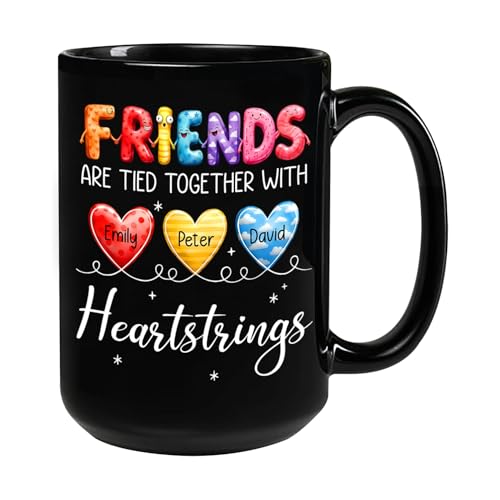 Personalized Bestie Trio Coffee Cup, Custom Three Best Friends Mugs, Friends Are Tied Together With Heartstrings Black Mug, Christmas/Birthday Mug For Best Friends BFF, Black Ceramic Cup 11oz 15oz