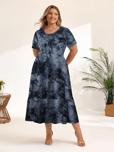 Image of LARACE Plus Size Dresses for Women Summer Casual Short Sleeve Long Dress Flowy Maxi Beach Dresses with Pockets L-6XL