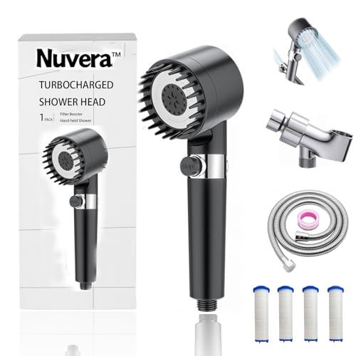 Nuvera Filtered Showerhead, High Pressure Nuvera Handheld Showerhead with 4PCS Water Filter, One-Touch Pause Switch Fits for Men, Women, Children and Pets