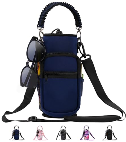 Image of Water Bottle Carrier Bag, 32 oz / 40 oz Water Bottle Sleeve with Paracord Hanlde & Strap, Neoprene Insulated Metal Canteen Pouch Holder with Phone Pocket for Gym, Sport, Fishing-Navy