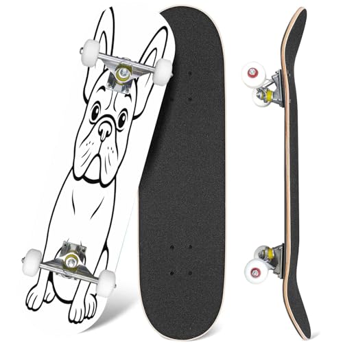 Skateboard French Bulldog Black White Hand Drawn Cartoon