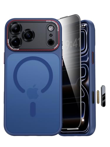 JUESHITUO Funda para iPhone 17 Pro Compatible con MagSafe [Incluye Protector de Pantalla de Privacidad][Protección de la Lente y el Botón][Antigolpes, Antipolvo] Translúcida Mate-Azul