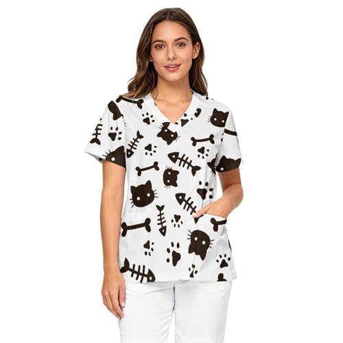 ZCFYGDX - ZCFYGDX Women's Scrub Top Short Sleeve V-Neck Shirt Medical Uniform for Nurses Healthcare Workers with Pockets Size S-5XL, Black Cat Fish Bone Print, 5X-Large