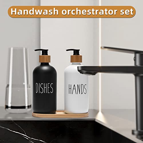 FEILANDUO Glass Soap Dispenser Set, Kitchen and Bathroom Dispenser with Bamboo Pump and Soap Tray, Farmhouse Home Decor (Black + White) - Image 3
