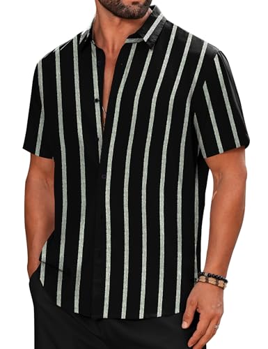 LecGee Mens Hawaiian Striped Shirts Short Sleeve Button Down Aloha Floral Shirts Summer Beach Hawaii Shirts