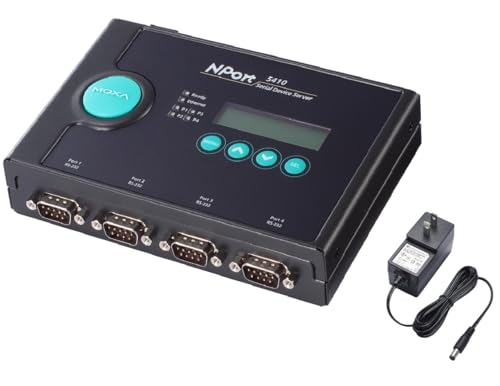 Moxa NPort 5410 with Adapter - 4 Port Device Server, US Plug, 10/100M Ethernet, RS-232, DB9 Male, 12-48VDC, 0 to 55°C