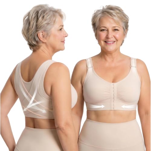 Fit Geno Posture Corrector Bra for Women: Wireless Posture Correcting Bra for Older Women & Seniors Front Closure (Large, Beige)