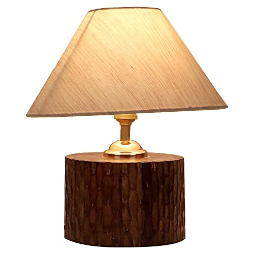 Image of tu casa Table Lamps with Mango Wood Base & Off-White Cotton Shades for Home Decor, Bedrooms, Living Room, Gifting, Diwali Decoration, Dining Space, Study Room, Hall (Height- 29cm) - Bulb not Included