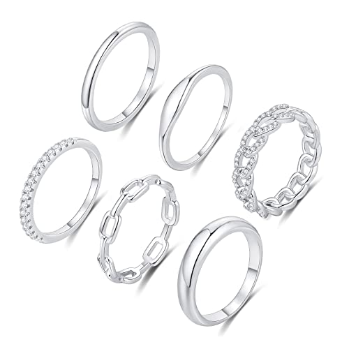 Rlmoon 6Pcs Silver Plated Ring Set For Women Teens Cubic Zirconia Chunky Signet Stackable Ring Plain Band Thumb Finger Ring Size 7 #TOP13