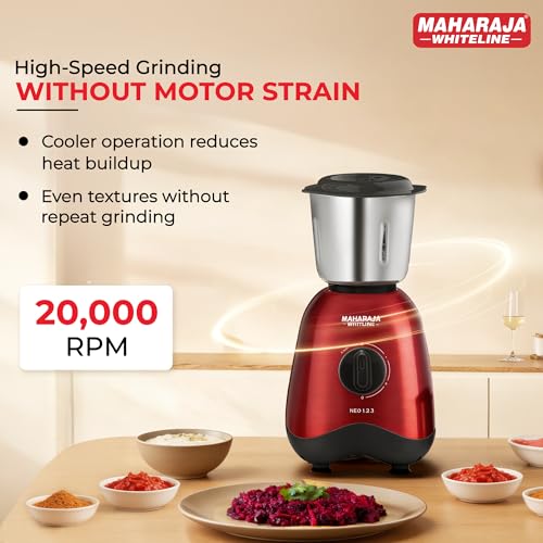 Image of Maharaja Whiteline Neo 1..2..3 Mixer Grinder | 500 W Motor, 20,000 RPM | Long Running Time, Cooler Operation | Durable Coupler, Vacuum Foothold | Stainless Steel Blades | 2 Versatile Jars