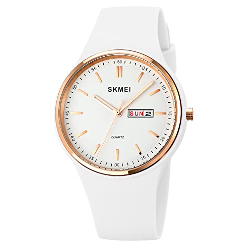 SKMEI,Reloj de pulsera para mujer joven con correa de silicona deportiva de cara grande, impermeable, a la moda, casual, simple, cuarzo, analógico, fecha, regalo para niñas, L1747white, Simple