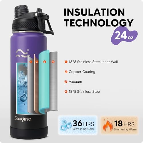 Image of Swigina [2-IN-1 LID] Insulated Water Bottle with Silicone Boot (36hrs Cold /18hrs Hot) - DIY Stickers, Leakproof, BPA Free, 24 oz