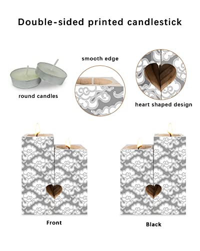 Heart-Shaped Candle Holders For Table Centerpiece - Gray White Pattern Chinese Vintage Cloud Japanese China Oriental Design Tealight Candle Holder Set - Wooden Candlestick Home Decorations For Couple #TOP2